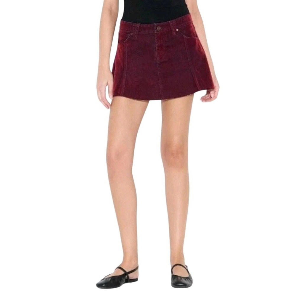 Wild Fable Women's Burgundy Corduroy Stitched Denim Flared Mini Skirt Size 6